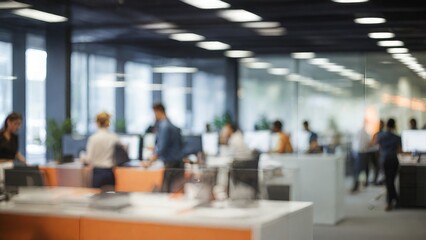 A blurred image of a modern office space with people working at work