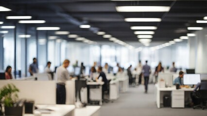 A blurred image of a modern office space with people working at work