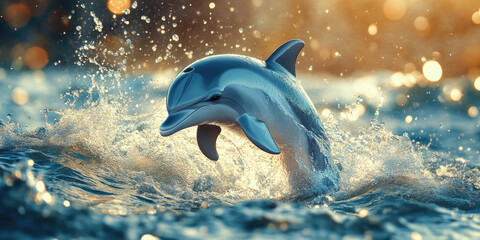 A Baby Dolphin Jumping Through a Ring of Water for Playful, Whimsical, or Aquatic Animal Design Projects