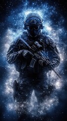 Fototapeta premium Tactical soldier in dark attire holds rifle in cosmos like setting, a blue galaxy aura surrounds