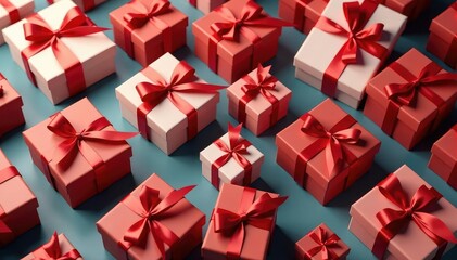Elegant red ribbon tied gift boxes, repeating pattern, wallpaper, bows