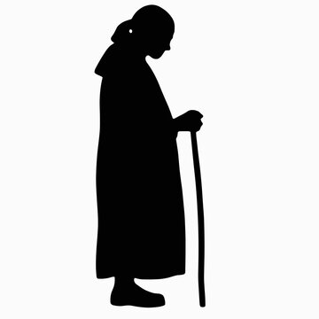 Silhouette of an elderly person with a cane standing in profile on a light background