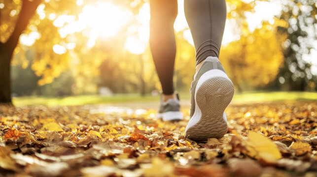 A close-up of the feet and legs in running shoes, walking through an autumn park with fallen leaves.
