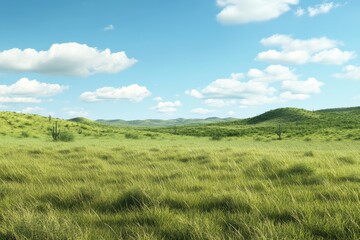 Obraz premium Bright Sky, Middle-texas landscape, green short grassy flat foreground with NO WATER, hills and trees and tall cactus in the distant background
