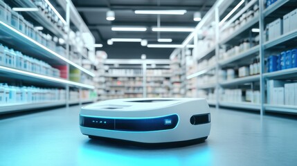Robotic system performing an automated inventory check in a retail store, futuristic retail space with robotic inventory management tools, High-tech style
