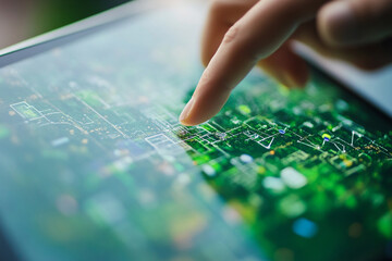Naklejka premium A close-up shot of hands holding a tablet displaying a photograph of lush foliage, set against a backdrop of real green plants
