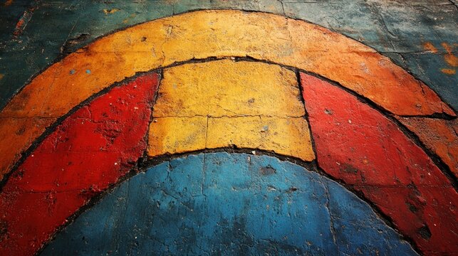 Colorful semicircle painted on worn concrete floor