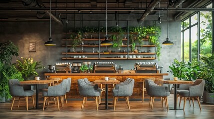 Modern rustic cafe style creates ambiance with plants, offering seating at tables and chairs within its inviting interior.
