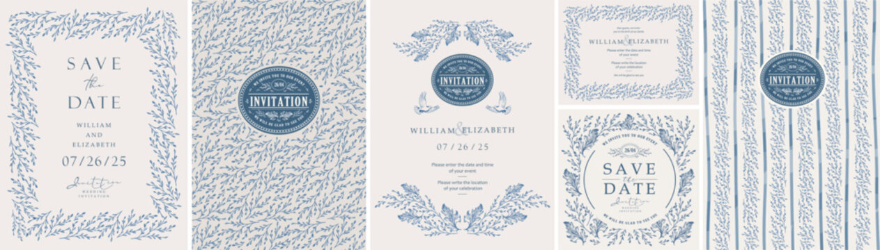 Save the date. Wedding classic elegant invitation. Blue vintage garden, flowers, plant and ornament. Vector illustration of engraving, line art, vignette, frame, border, pattern, stamp for certificate