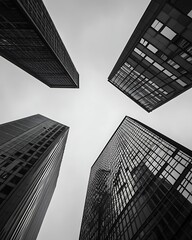 Dramatic low-angle shot of towering business district, ultra-sharp architectural details, city skyscrapers, urban landscape
