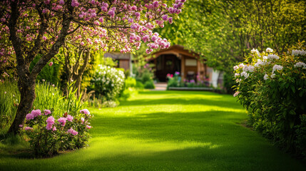 Fototapeta premium Springtime home surrounded by lush greenery and blooming trees, embodying serene natural beauty.