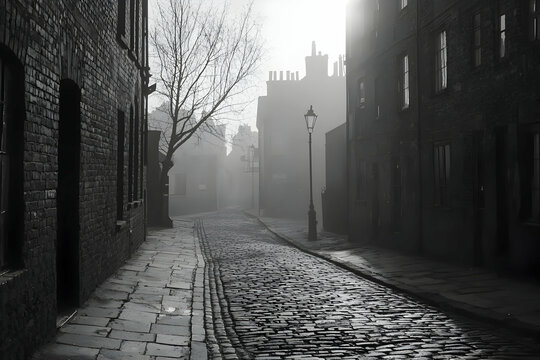 Fototapeta Misty Morning on a Cobblestone Street