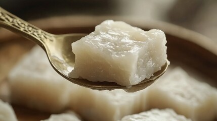 Sweet Glutinous Rice Cake Served on Spoon with Vintage Background