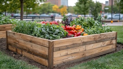 A raised wooden garden bed brimming with vibrant vegetables and leafy greens in an urban park setting