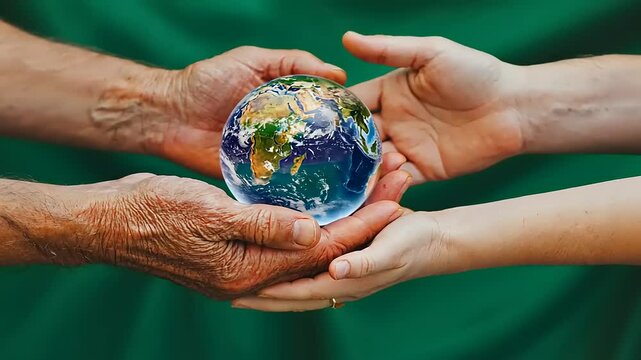 Hands of different generations holding a globe symbolizing unity and care for the Earth