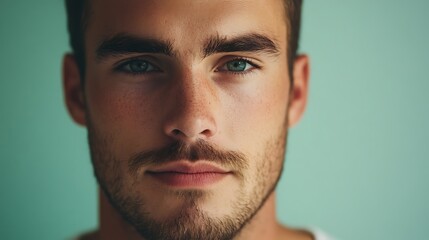 Obraz premium Man looking directly into the camera, pastel seafoam green background, strong and engaging portrait, confident male headshot, modern style