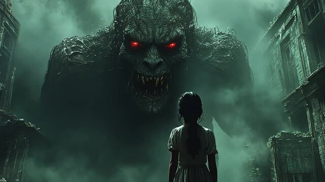 Girl Facing Giant Monster in Ruined City. Possible Stock Photo