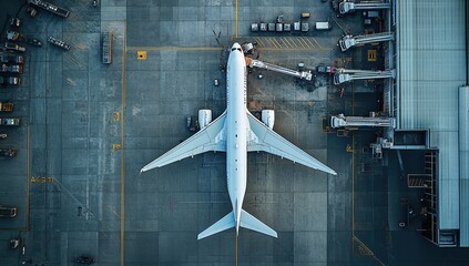 Airplane on the tarmac, awaiting departure,  ground support equipment visible,  airport operations, aerial view,  high-angle shot.