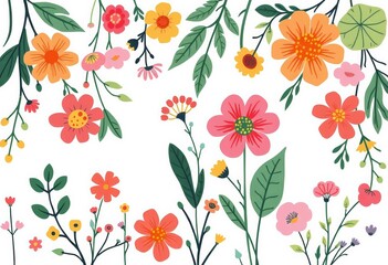 Whimsical floral border; Scandi style botanical illustration, quirky cartoon foliage, vector, organic, isolated, white background, copy space, empty space, clipart