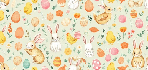 Whimsical Easter seamless pattern featuring hand-drawn rabbits, chickens, and eggs , chick, vector