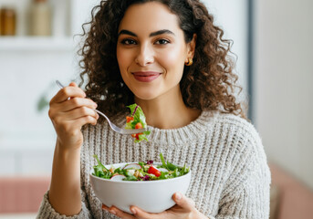 Woman enjoying a fresh salad, promoting healthy eating and wellness