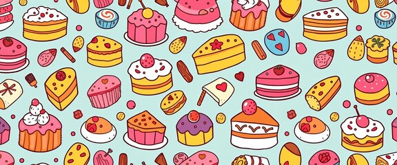 Whimsical doodle-style seamless pattern featuring a variety of cakes and sweets, yummy, fun