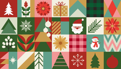 Merry Christmas and Happy New Year seamless pattern. geometric modern background squares with icons in scandinavian style. trendy design