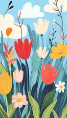 Fototapeta premium Vibrant spring background whimsical flowers and bright skies for an uplifting artistic atmosphere