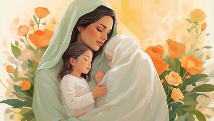 A serene illustration of a mother holding a child,