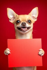 Minimal pet photo shoot. Ad photo with creature. &ETH;&iexcl;ute adult dog chihuahua hold in front paws a wireframe - large red avenue sign. Isolated dog on a solid outfit red background. Dog ad post.
