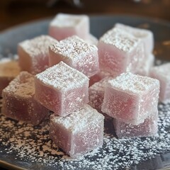 Delicious pink confectionery cubes dusted with powdered sugar on a dark plate in a cozy setting