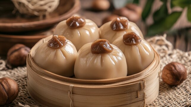 Steamed Chestnut Manju on Wooden Background with Natural Elements