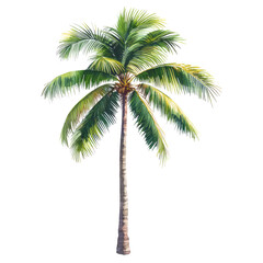 Fototapeta premium watercolor painting depicts a single, tall palm tree against a black background, showcasing its lush green fronds and brown trunk.