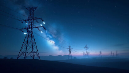 High voltage power lines against a sunset sky in an industrial landscape