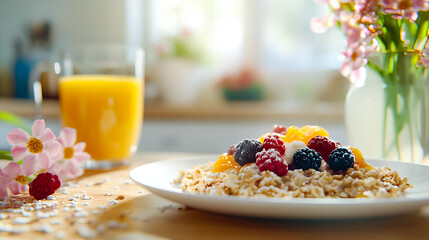 healthy breakfast with muesli and fruits and berries 