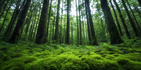 Obraz premium Close-up shot of a moss-covered forest floor, thick green moss, low angle view, dense forest in the background 