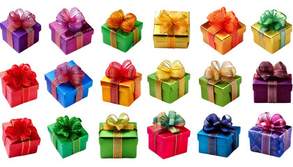 A set of colorful Christmas gift boxes wrapped with ribbons and bows, isolated on transparent background