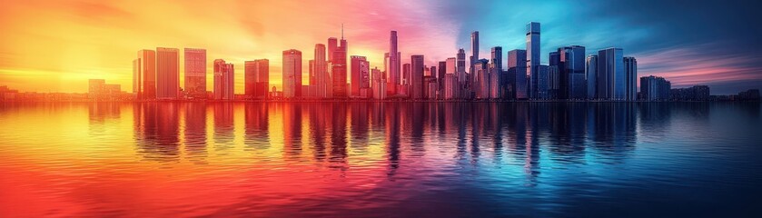 Fototapeta premium Sunset Cityscape Reflections Urban Skyline Digital Artwork Vibrant Environment Panoramic View Modern Concept