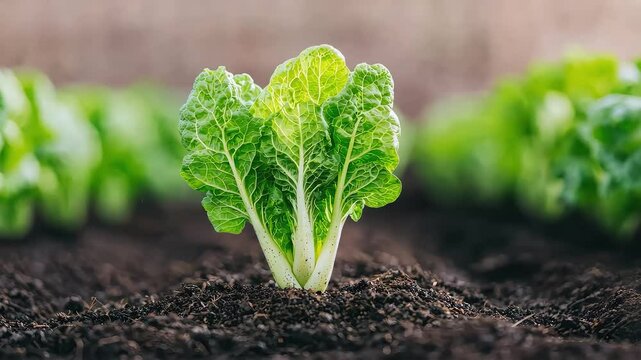 A single head of vibrant green romaine lettuce stands upright in rich, dark soil, surrounded by blurred, leafy greens in the background.