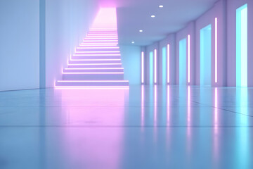 Obraz premium Abstract Hallway with Neon Lights Staircase and Clean Minimalist Architecture