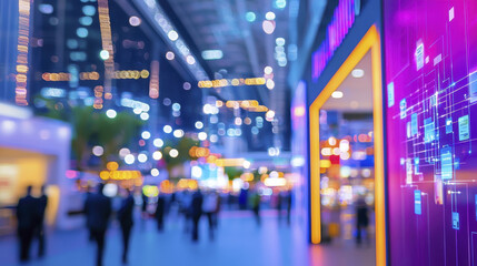vibrant urban scene showcasing corporate convention with blurred figures and colorful lights, creating energetic atmosphere