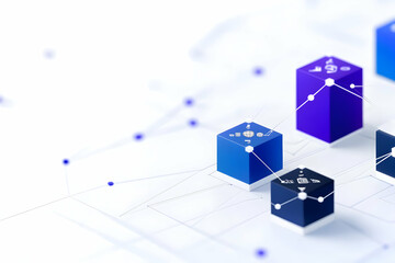 Abstract Interconnected Blue Purple Cubes on White Background with Nodes and Lines
