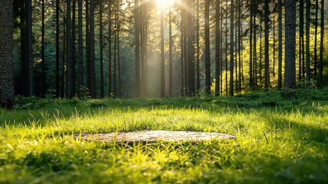 Sunlight filters through a lush green forest, illuminating a patch of grass and the ground, creating a serene and tranquil atmosphere.