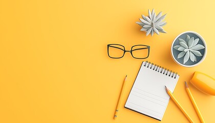 Yellow Desk with Office Supplies, and Plants.