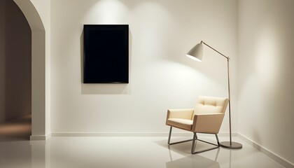 minimalist interior, white brick wall, arched doorway, wooden chair, modern floor lamp, black framed artwork, beige tones, soft lighting, cozy atmosphere, empty room, simplicity, clean lines