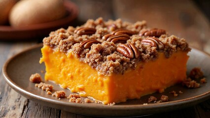 Creamy sweet potato casserole with crunchy pecan and brown sugar crust for holiday feasts