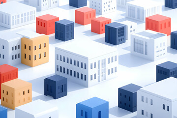 Architectural Cityscape with Isometric Buildings in White Blue and Orange Tones