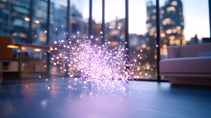 Blurred Sparkle Effect with Purple Glow on a Wooden Floor in Modern Apartment