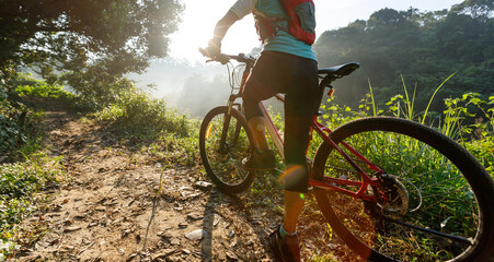 Young woman cyclist looking at her smartwatch on summer sunrise forest trail