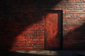 Rusty Door in Brick Wall: Urban Texture Background, Grunge, Industrial, Red Bricks, Dark Alley, Metal Door